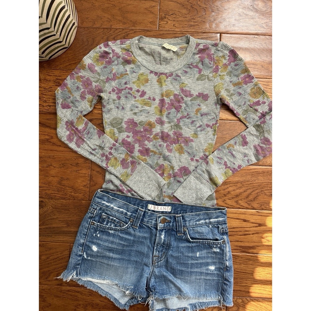 Free People Floral Waffle Knit Thermal Top Gray Purple Vintage Tag Blouse XS
